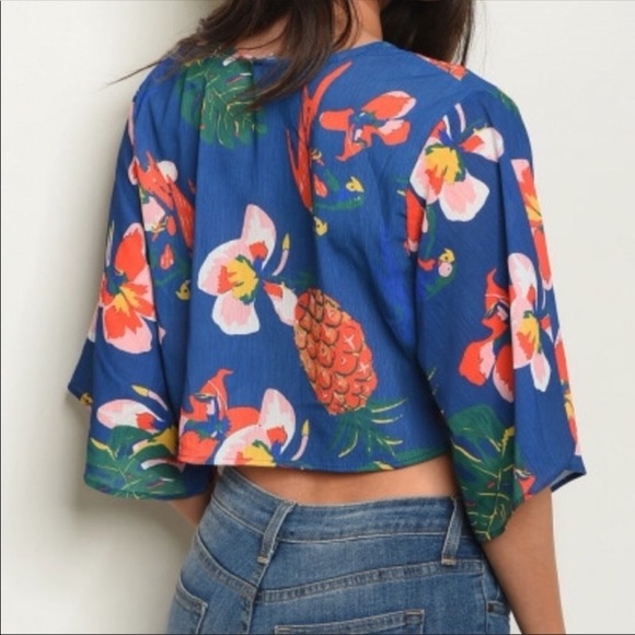 🌴🍍ALOHA” ROYAL BLUE FLORAL TIE FRONT TOP-NEW - Picture 4 of 5